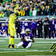 Oregon Ducks safety Bryan Addison stares down Washington Huskies tight end Devin Culp.